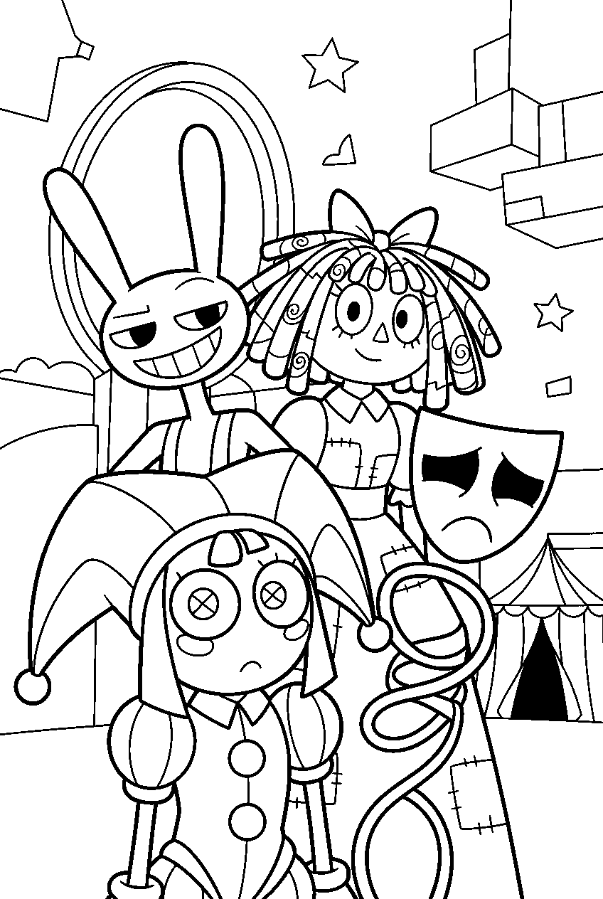 amazing digital circus characters in abstract world line art