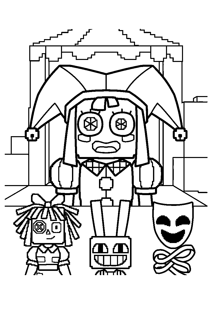 amazing digital circus characters in block world line art