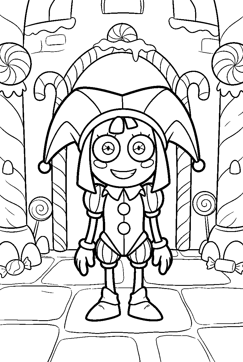 amazing digital circus characters in candy castle line art