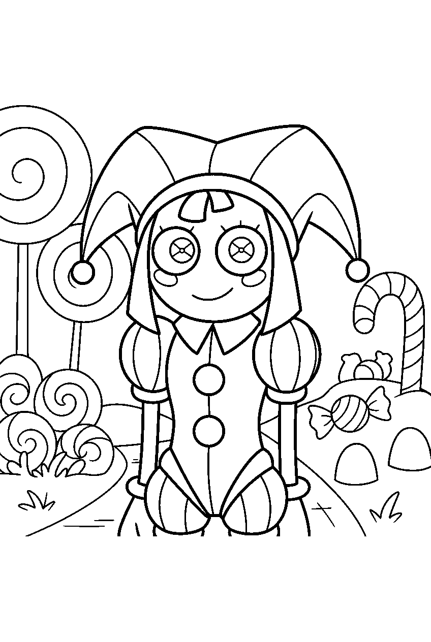amazing digital circus characters in candy forest line art