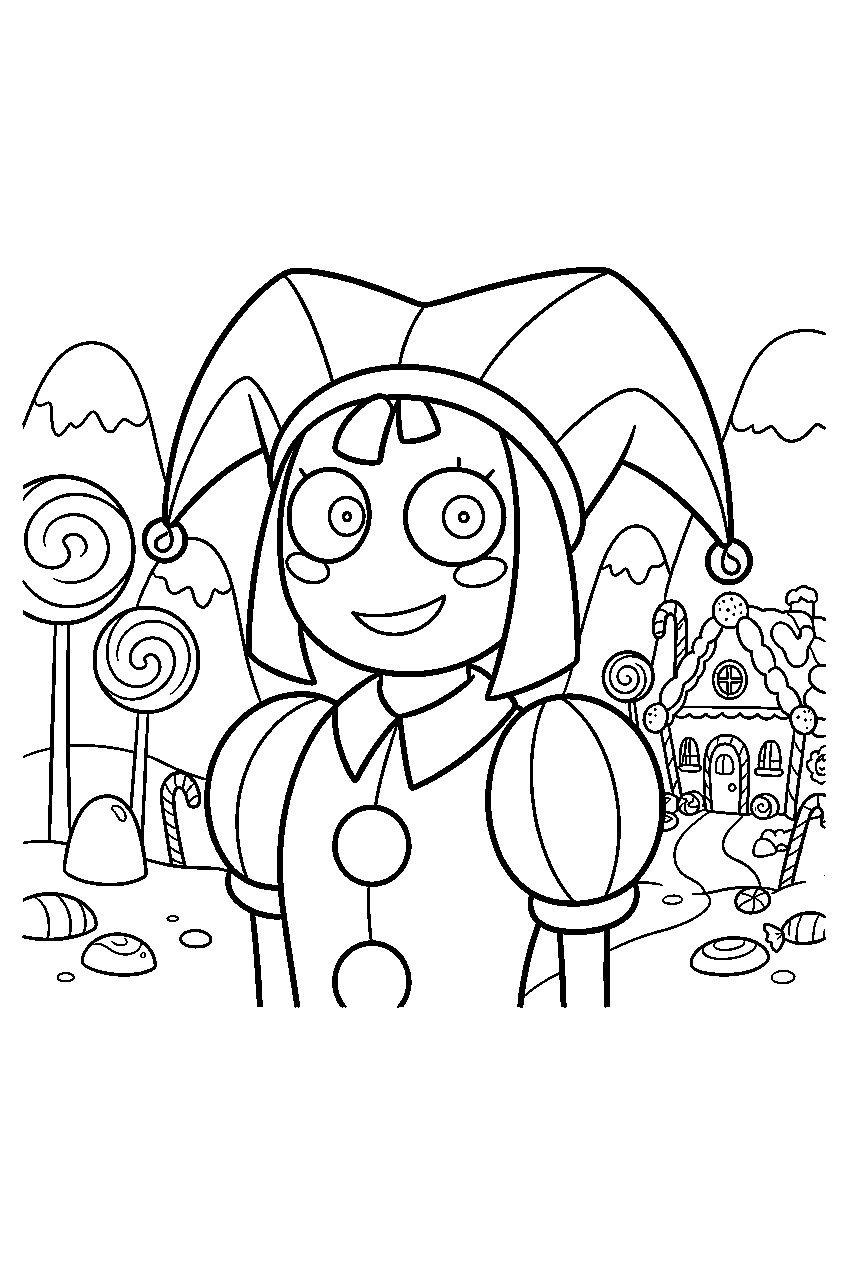amazing digital circus characters in candy village line art
