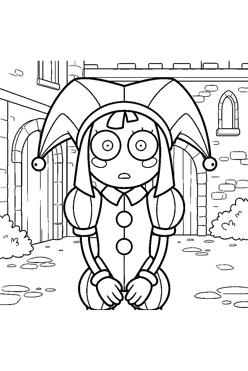 amazing digital circus characters in castle courtyard line art