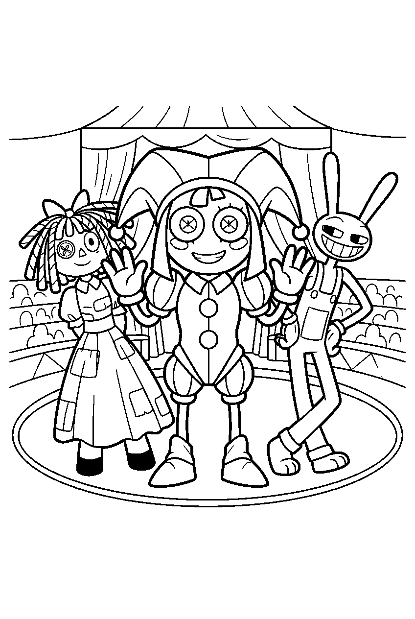 amazing digital circus characters in center ring line art