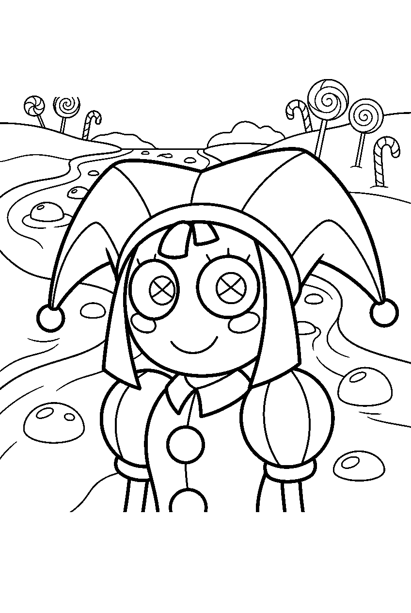 amazing digital circus characters in chocolate river area line art