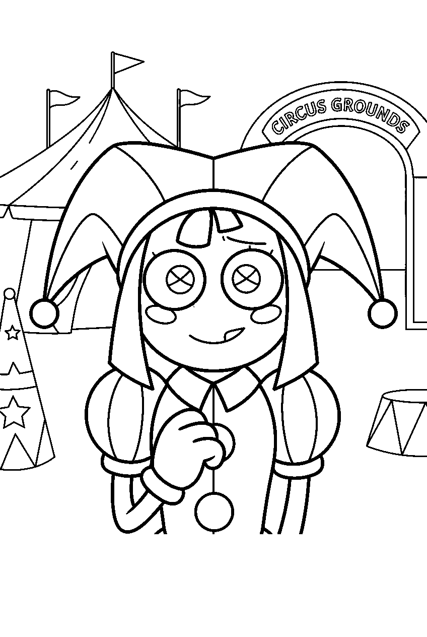 amazing digital circus characters in circus grounds line art