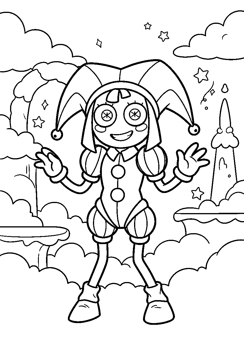 amazing digital circus characters in cloud kingdom line art