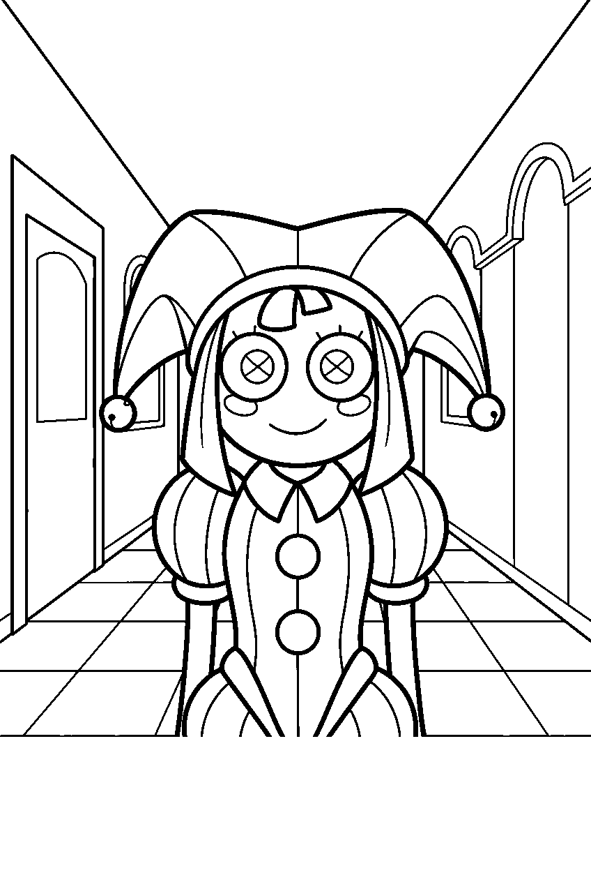 amazing digital circus characters in colorful hallway line art