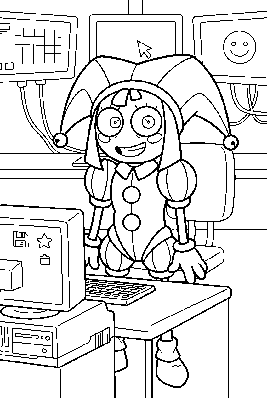 amazing digital circus characters in computer room line art