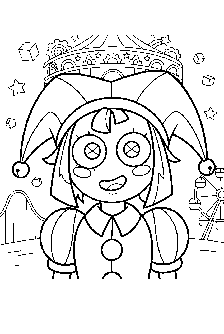 amazing digital circus characters in digital amusement park line art