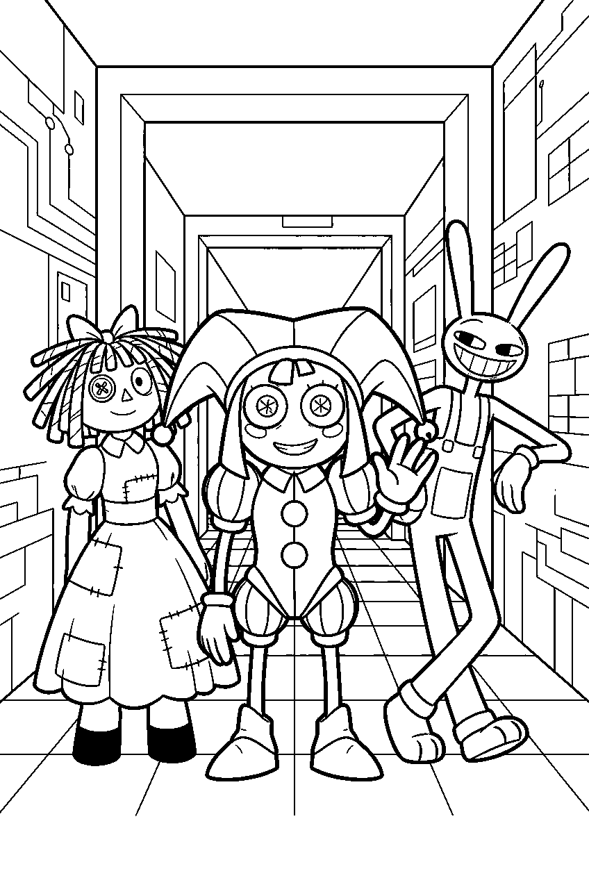 amazing digital circus characters in digital hallway line art