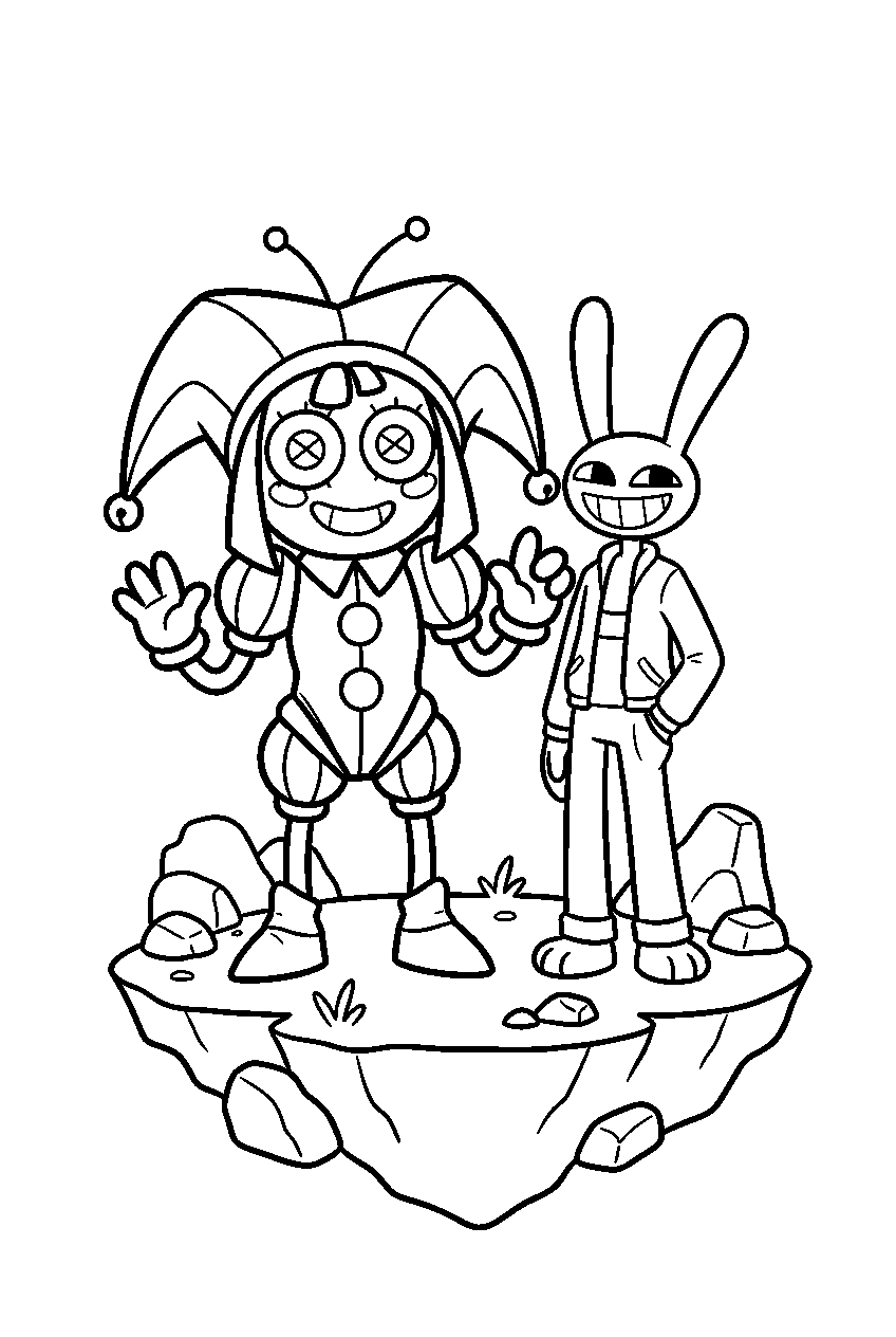 amazing digital circus characters in floating island line art