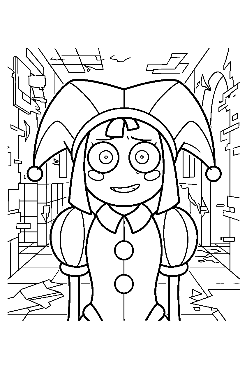 amazing digital circus characters in glitch corridor line art