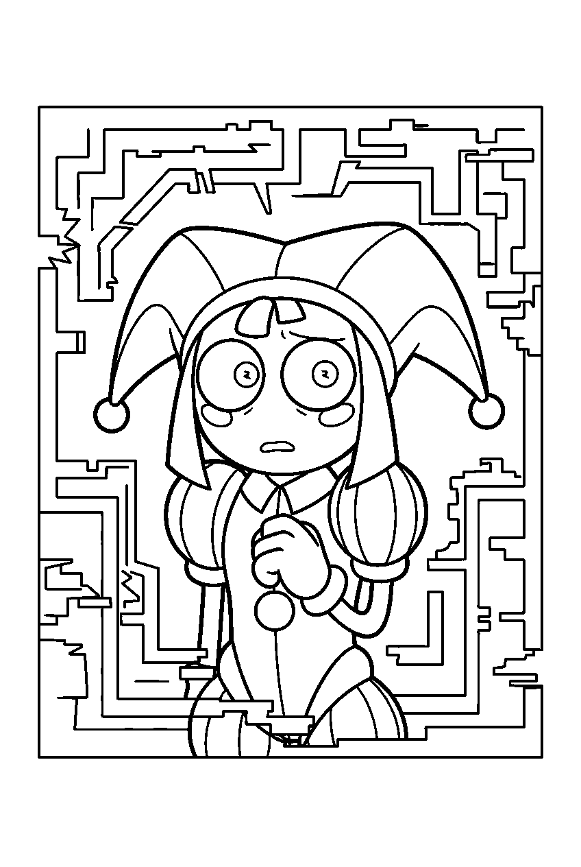 amazing digital circus characters in glitch maze line art