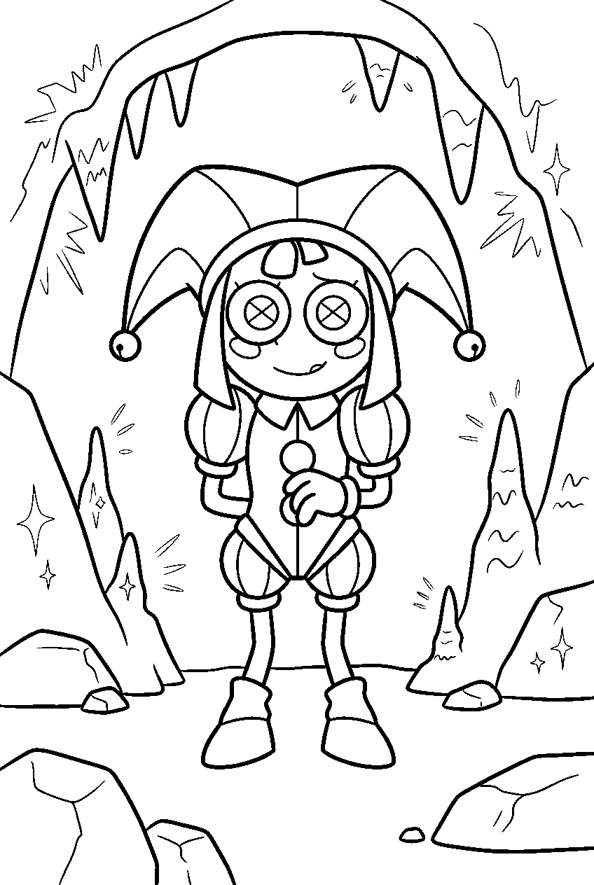 amazing digital circus characters in glowing cave line art