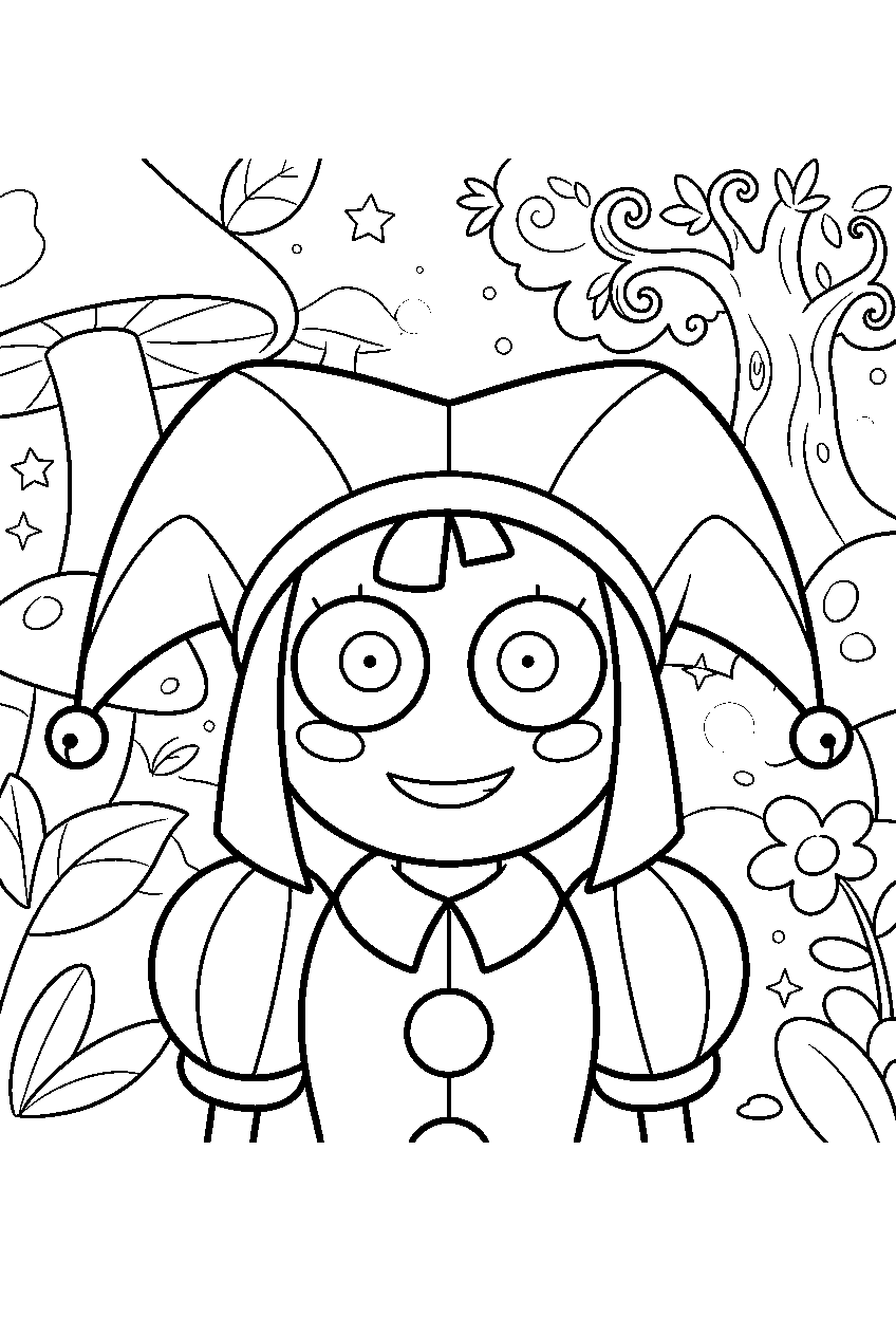 amazing digital circus characters in magical forest line art