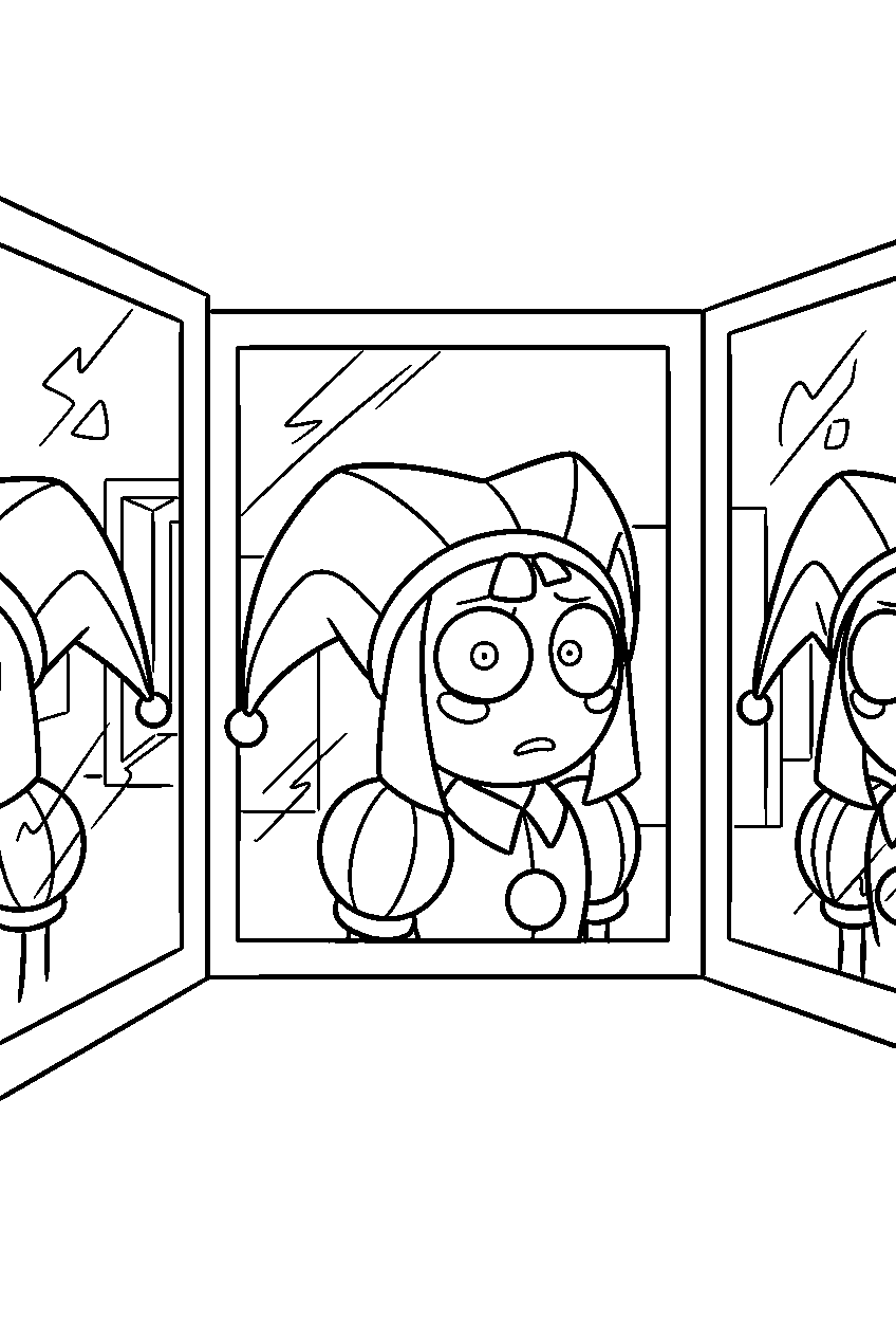 amazing digital circus characters in mirror maze line art