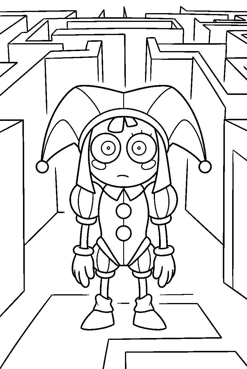 amazing digital circus characters in mystery maze line art