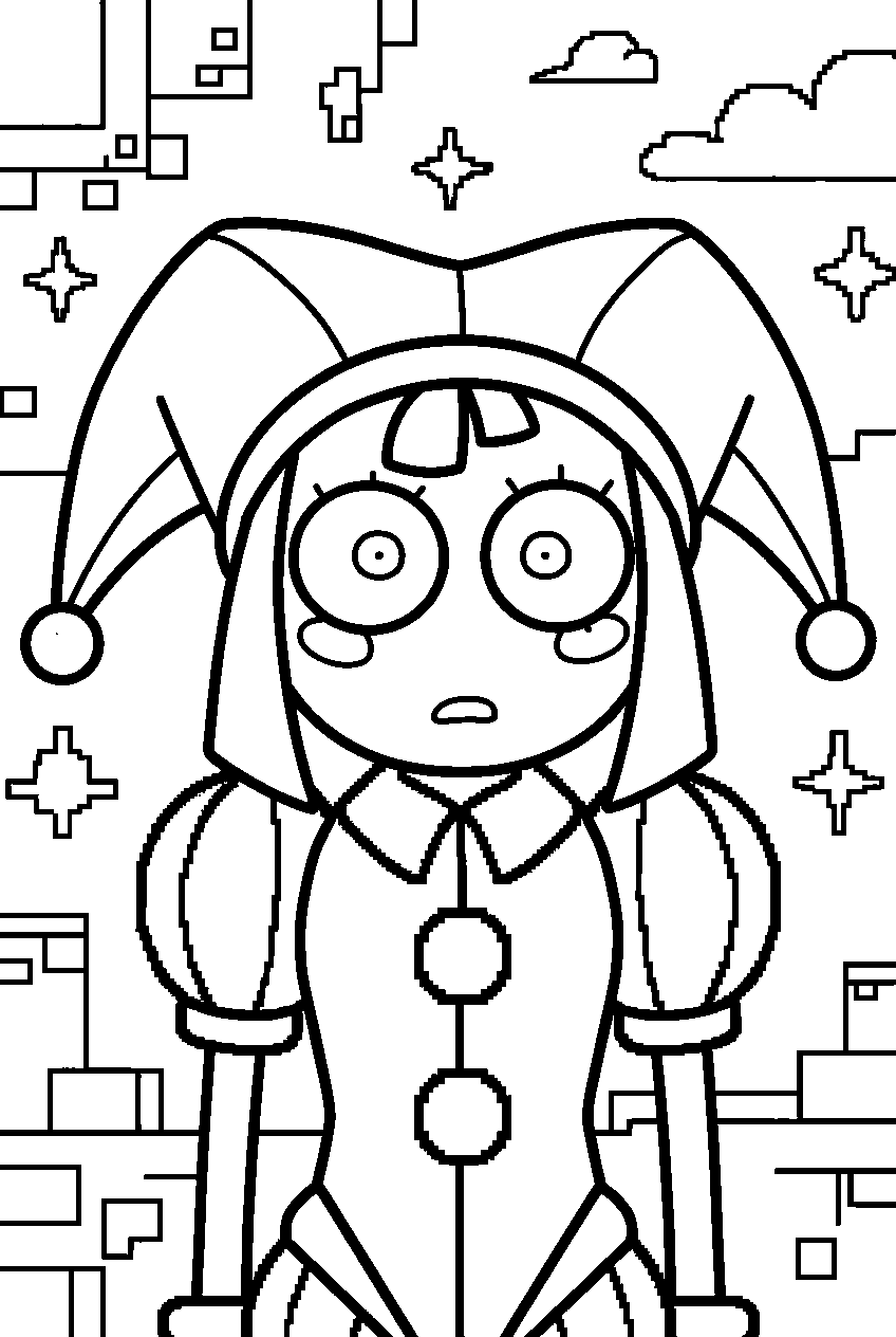 amazing digital circus characters in pixel world line art