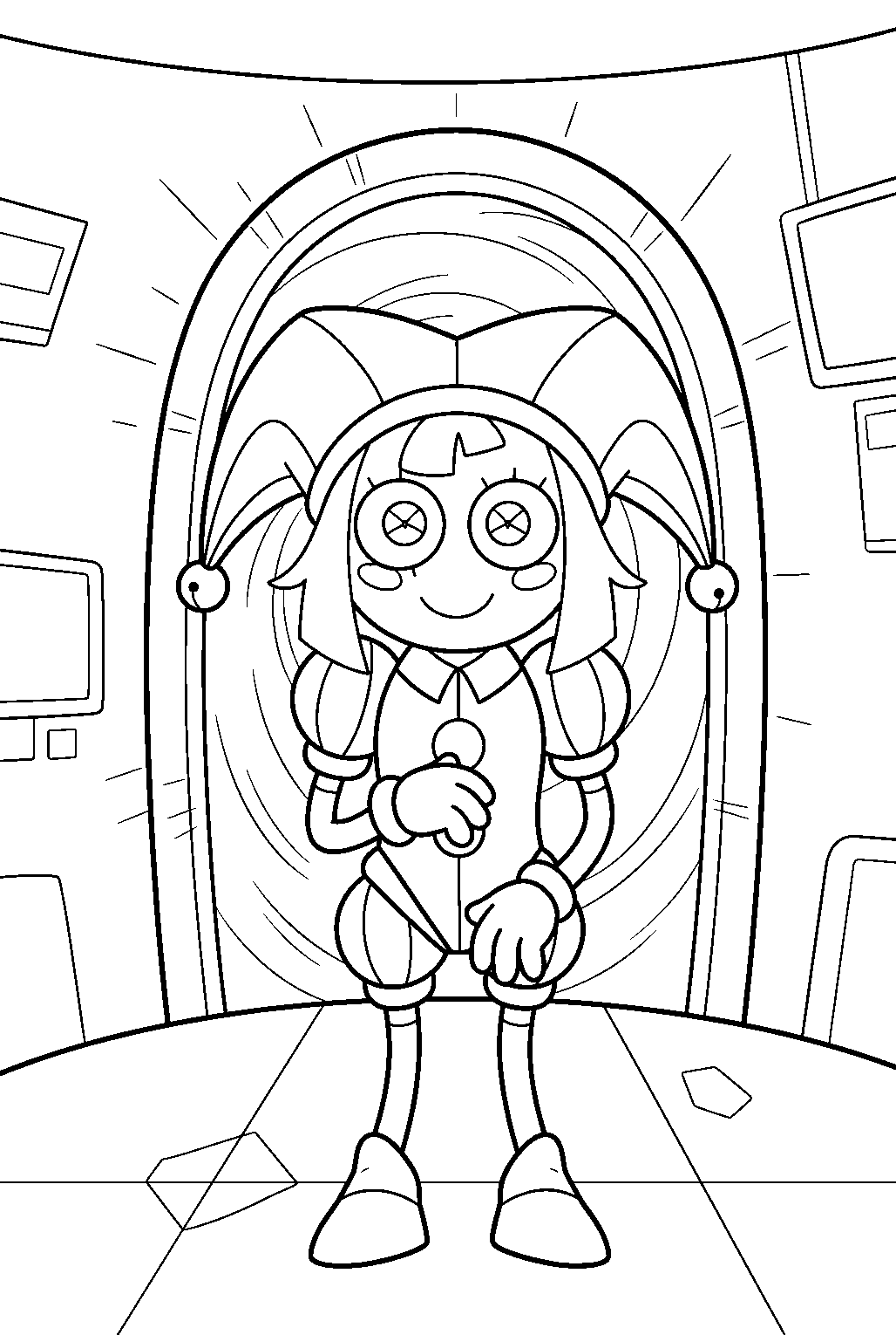 amazing digital circus characters in portal chamber line art