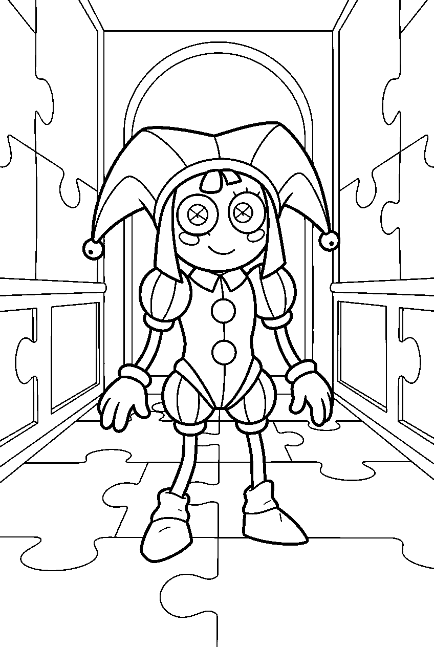 amazing digital circus characters in puzzle corridor line art