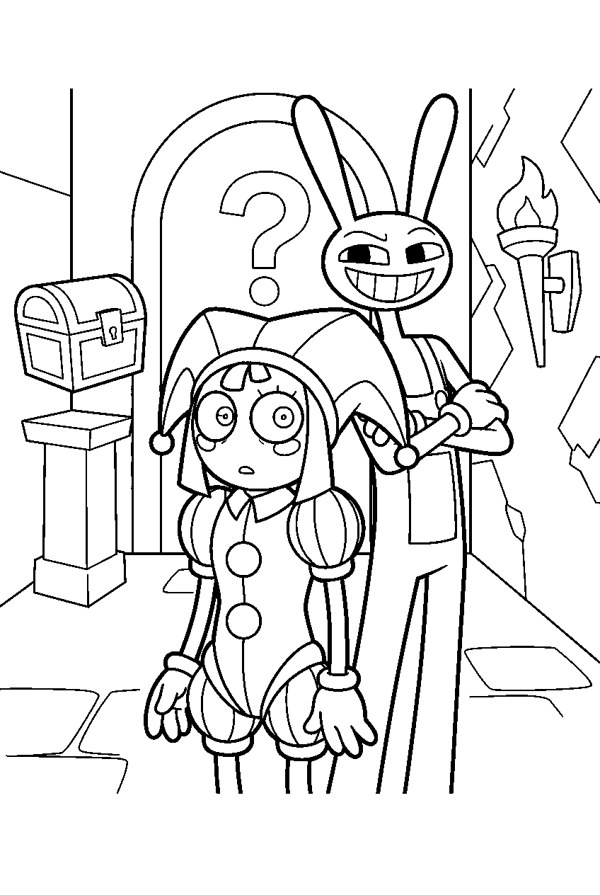 amazing digital circus characters in quest area line art