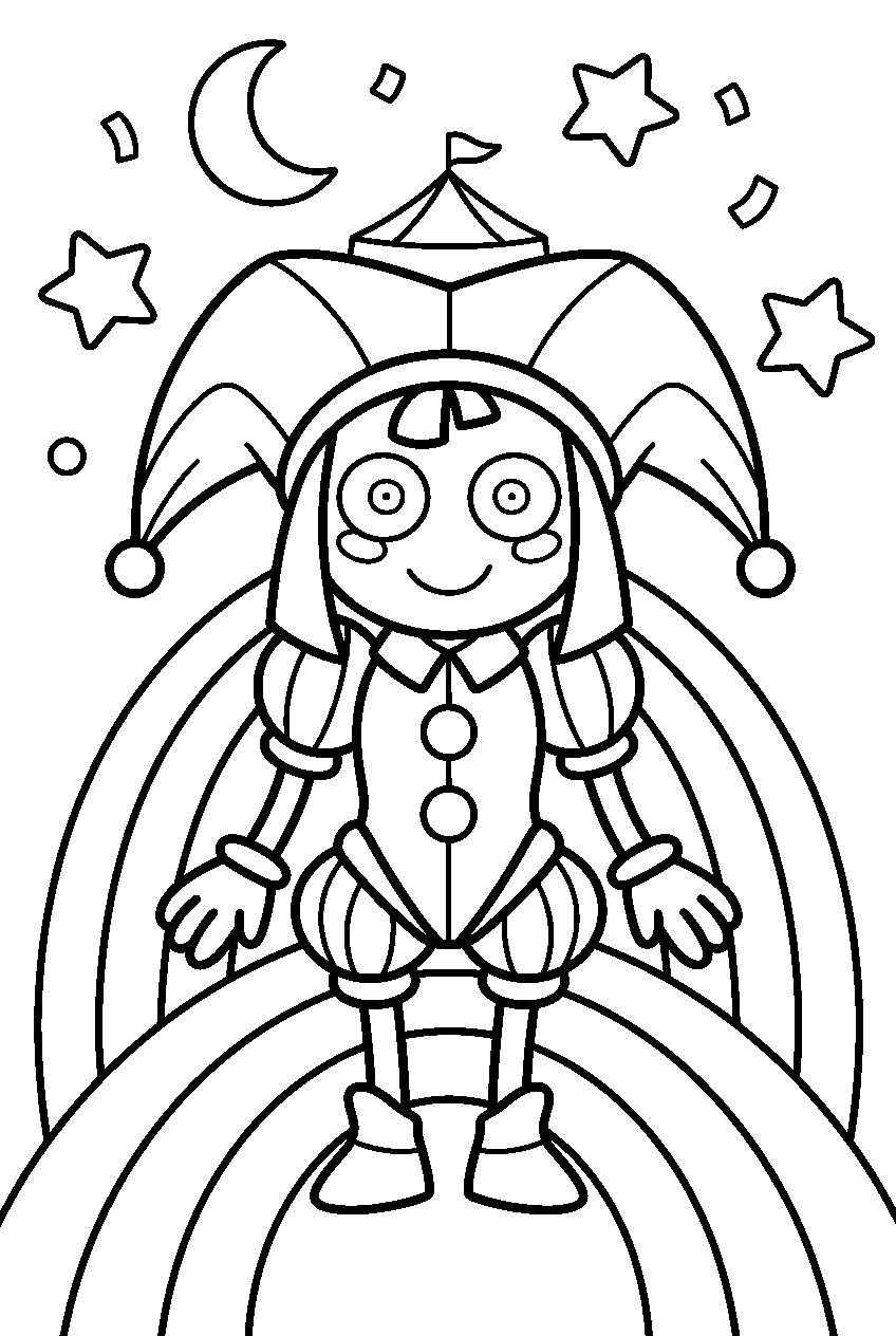 amazing digital circus characters in rainbow pathway line art