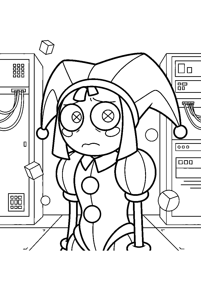 amazing digital circus characters in server room line art