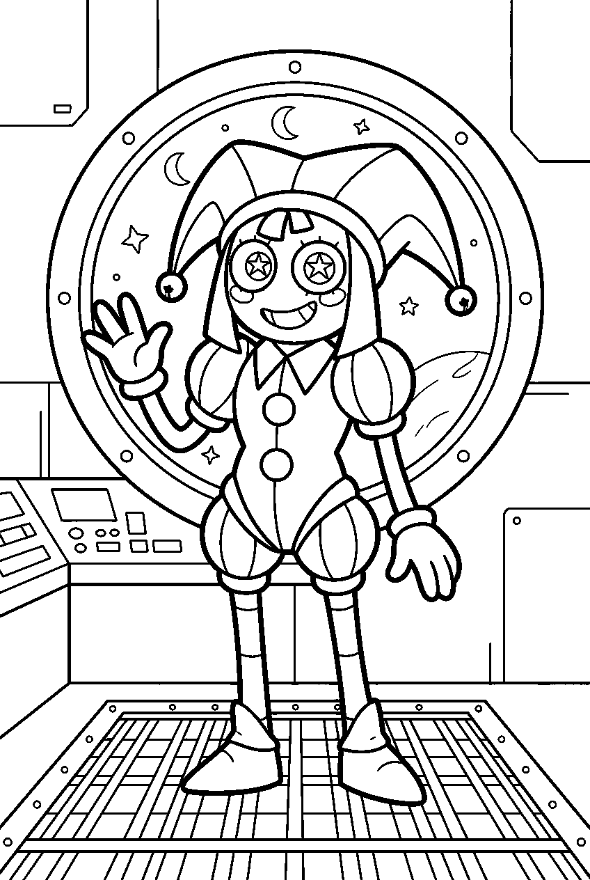 amazing digital circus characters in space station line art