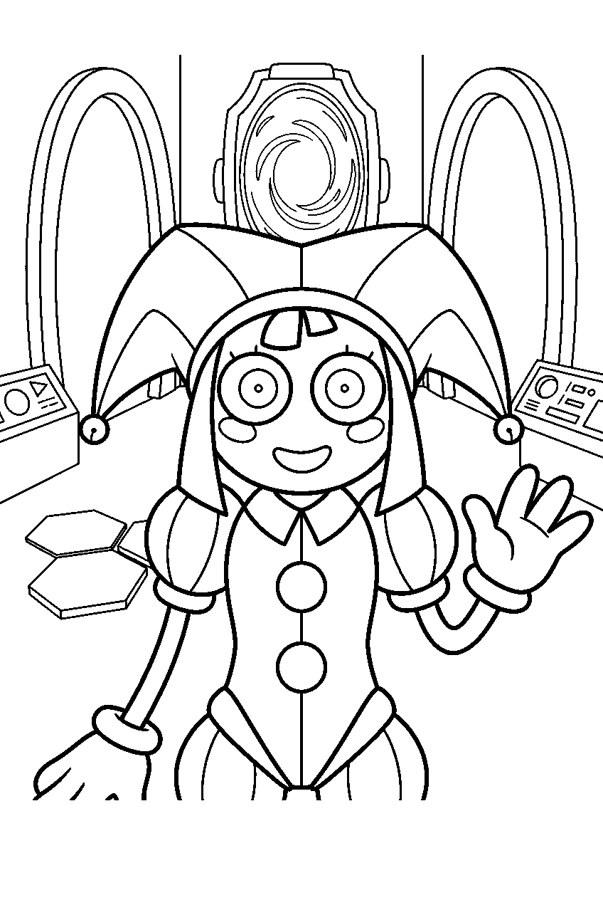 amazing digital circus characters in teleportation hub line art