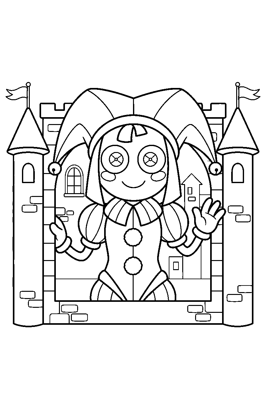 amazing digital circus characters in toy castle line art