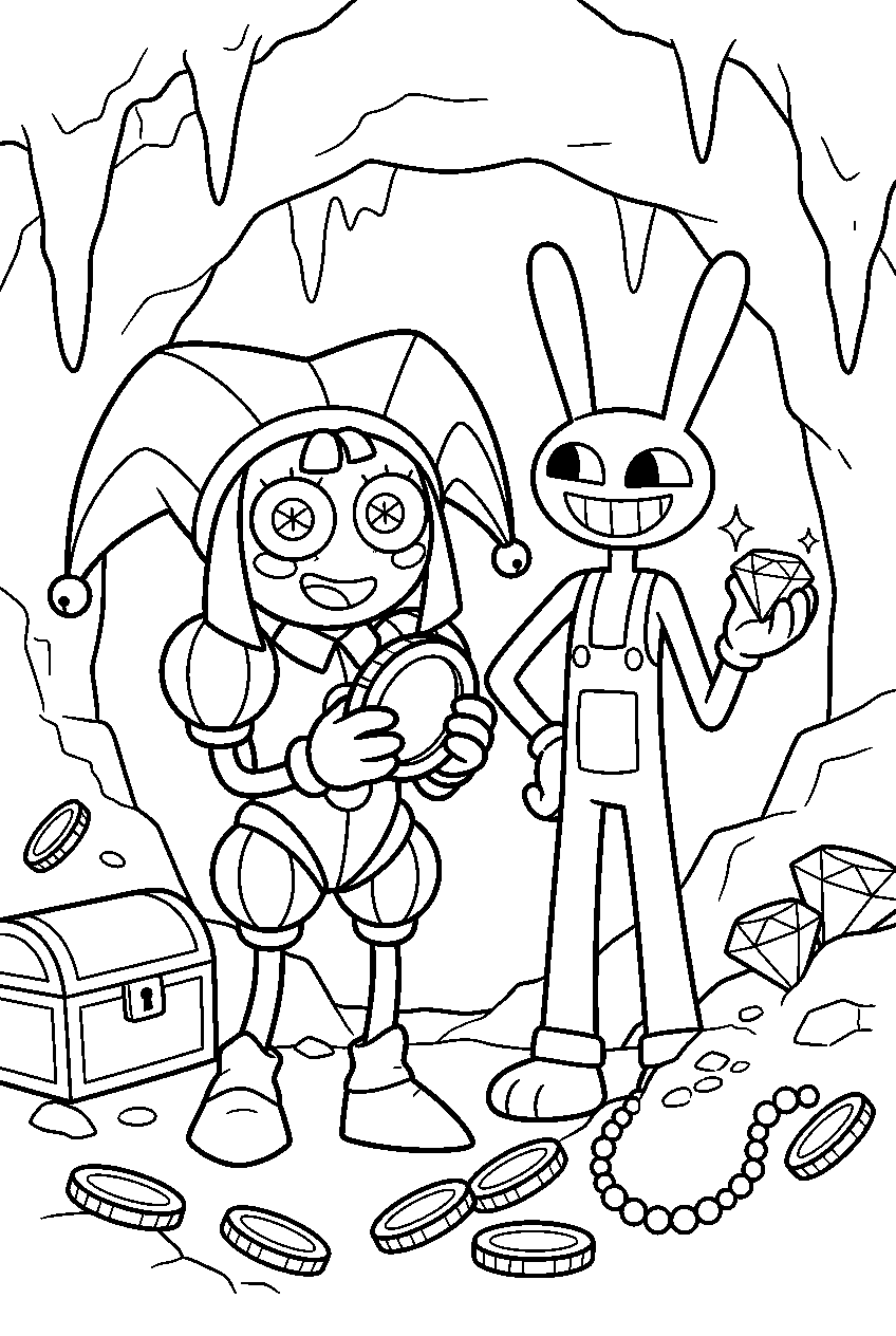 amazing digital circus characters in treasure cave line art