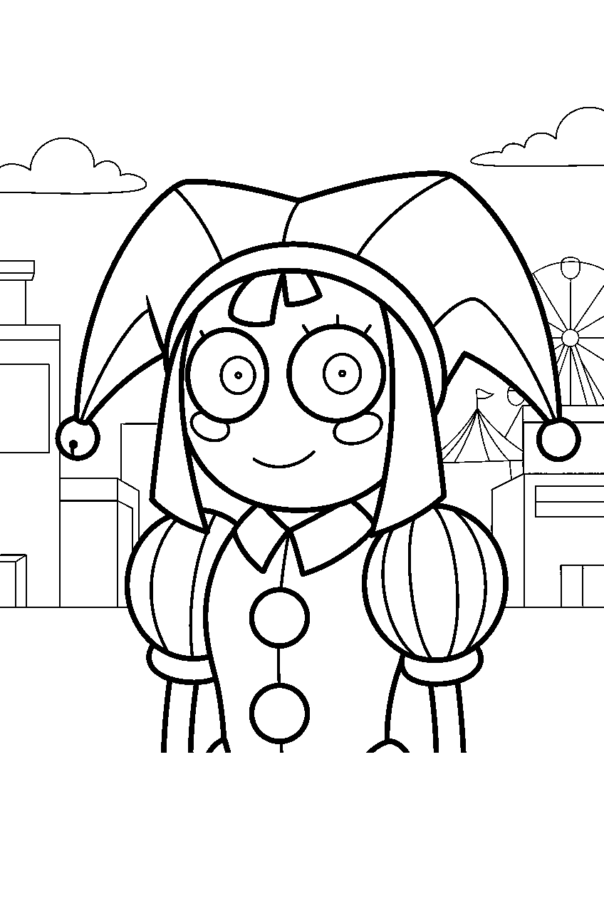 amazing digital circus characters in virtual city line art