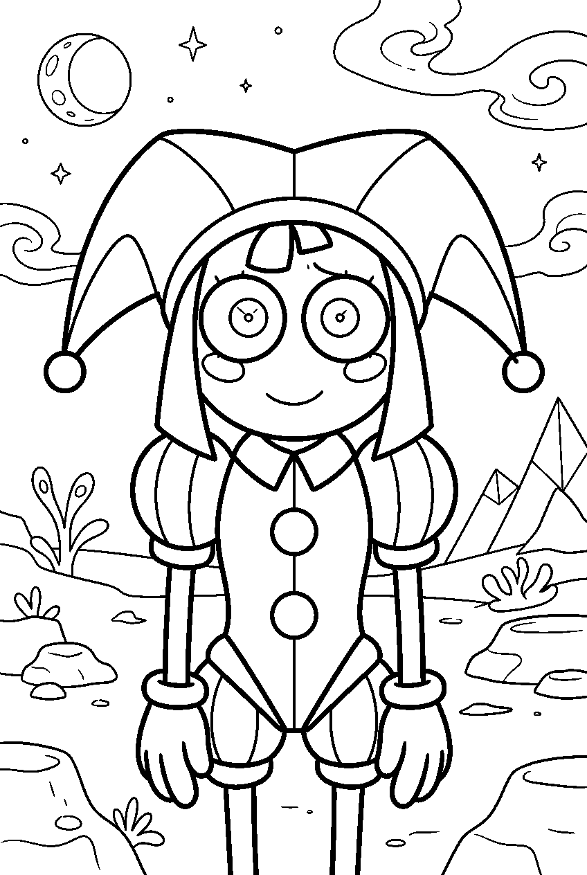 amazing digital circus characters on alien planet line art