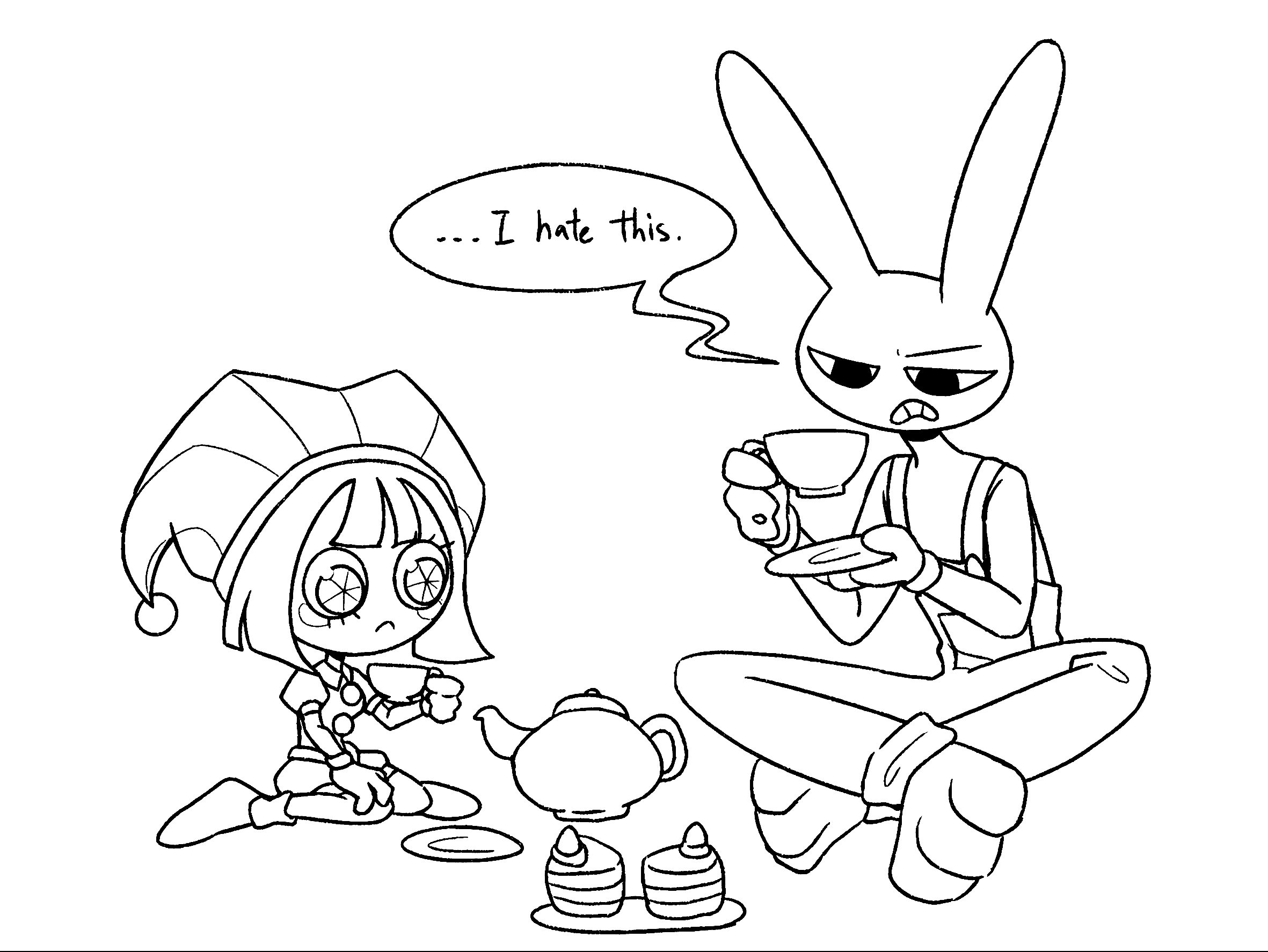awkward tea time with pomni and jax the amazing digital circus line art