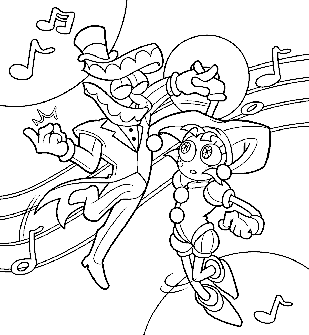 caine and pomni dancing musical notes tadc the amazing digital circus line art