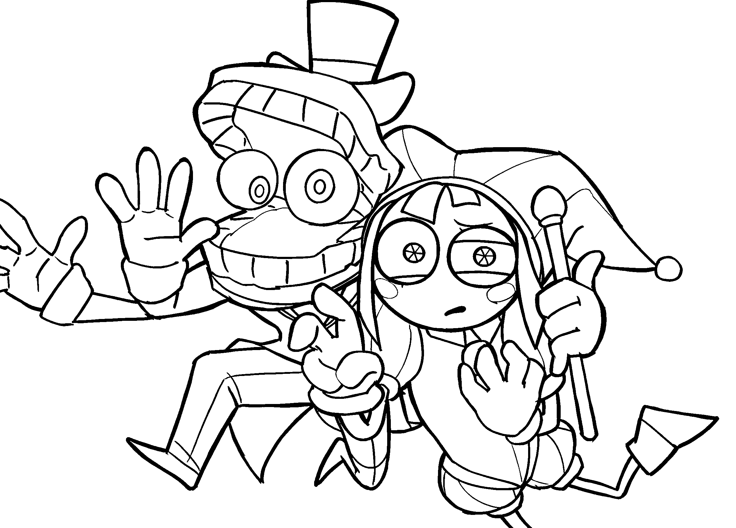 caine and pomni together the amazing digital circus line art