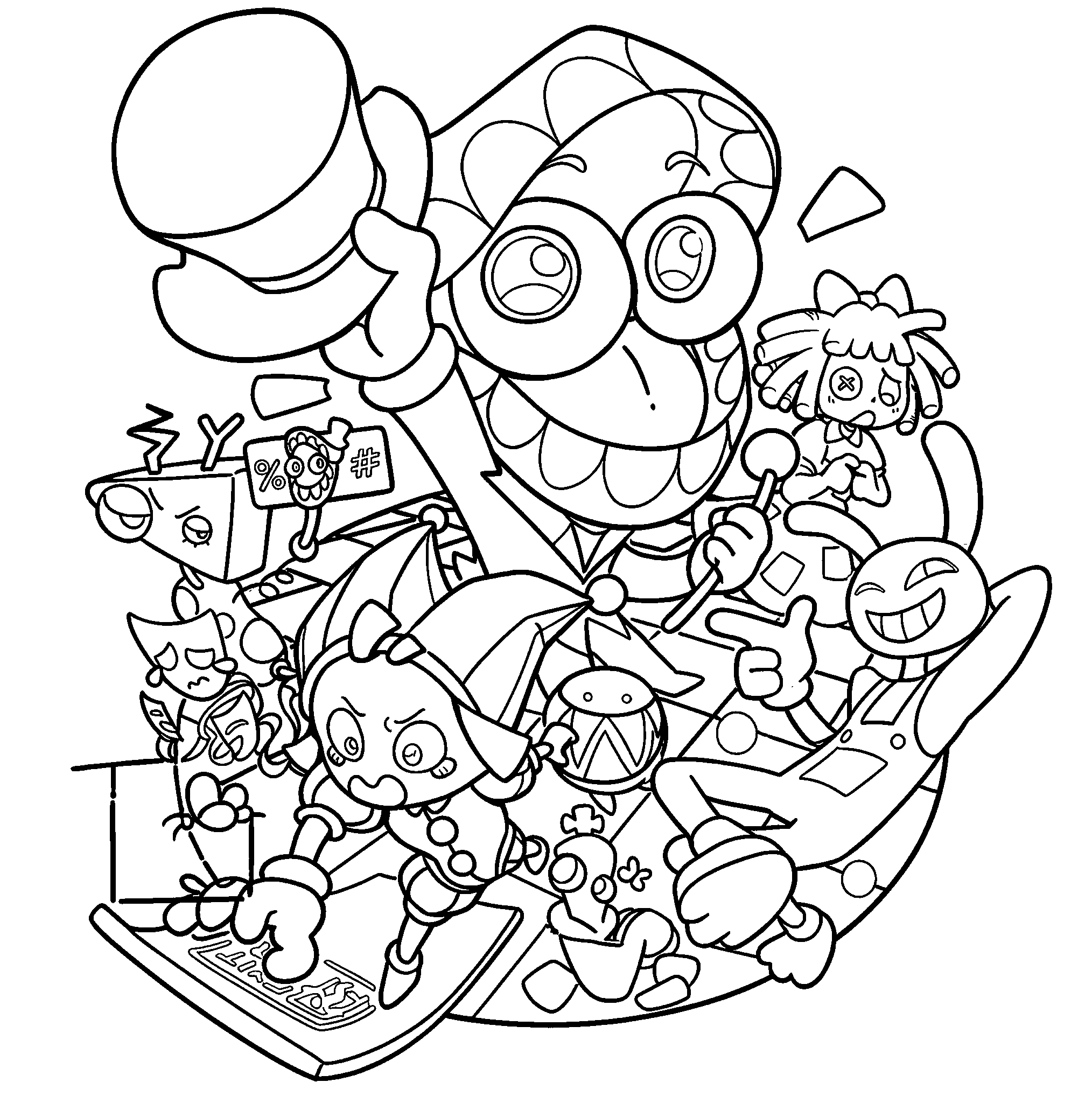 caine and pomni with full circus cast group poster tadc the amazing digital circus line art