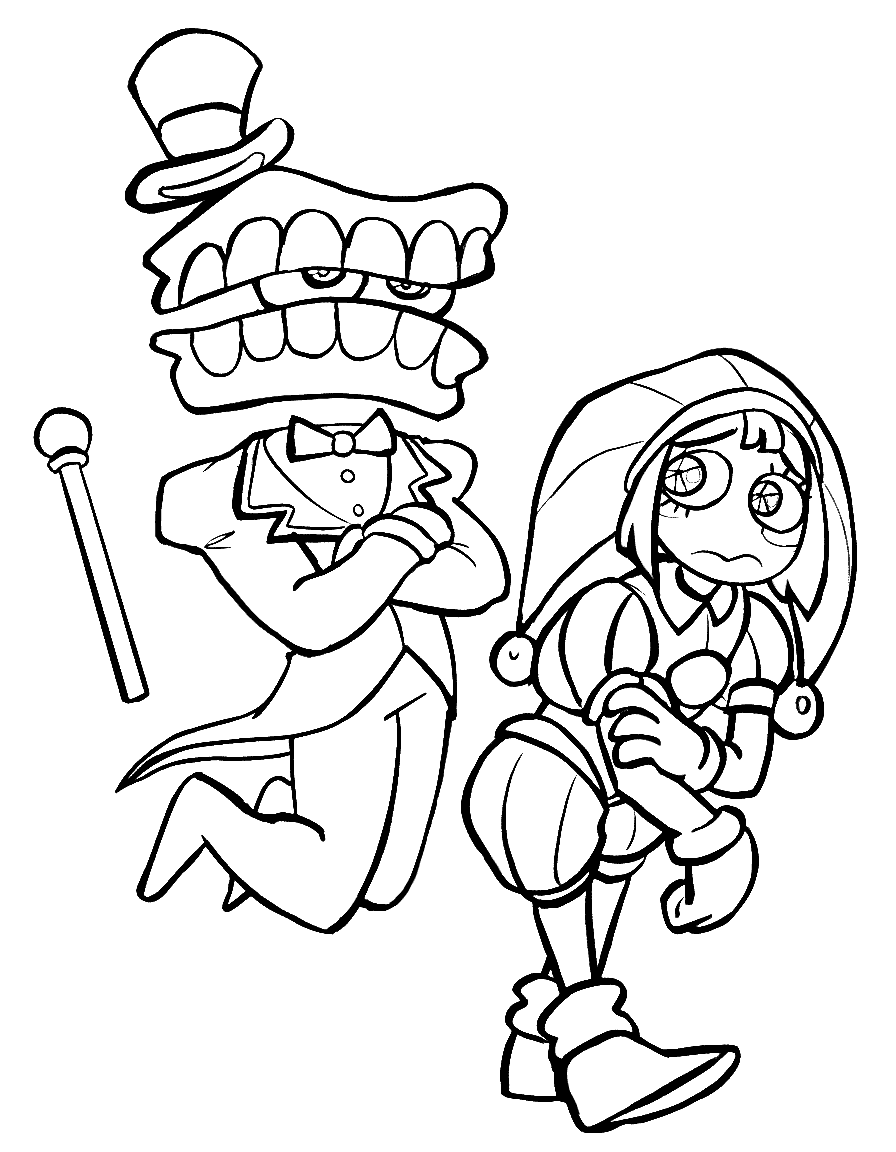 caine and worried pomni the amazing digital circus line art