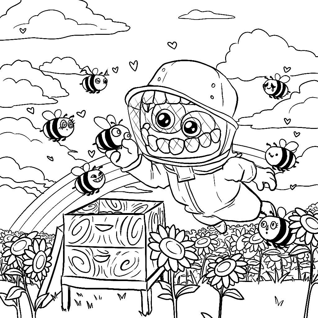 caine beekeeper and cute bee characters hive garden tadc the amazing digital circus line art for kids and adults