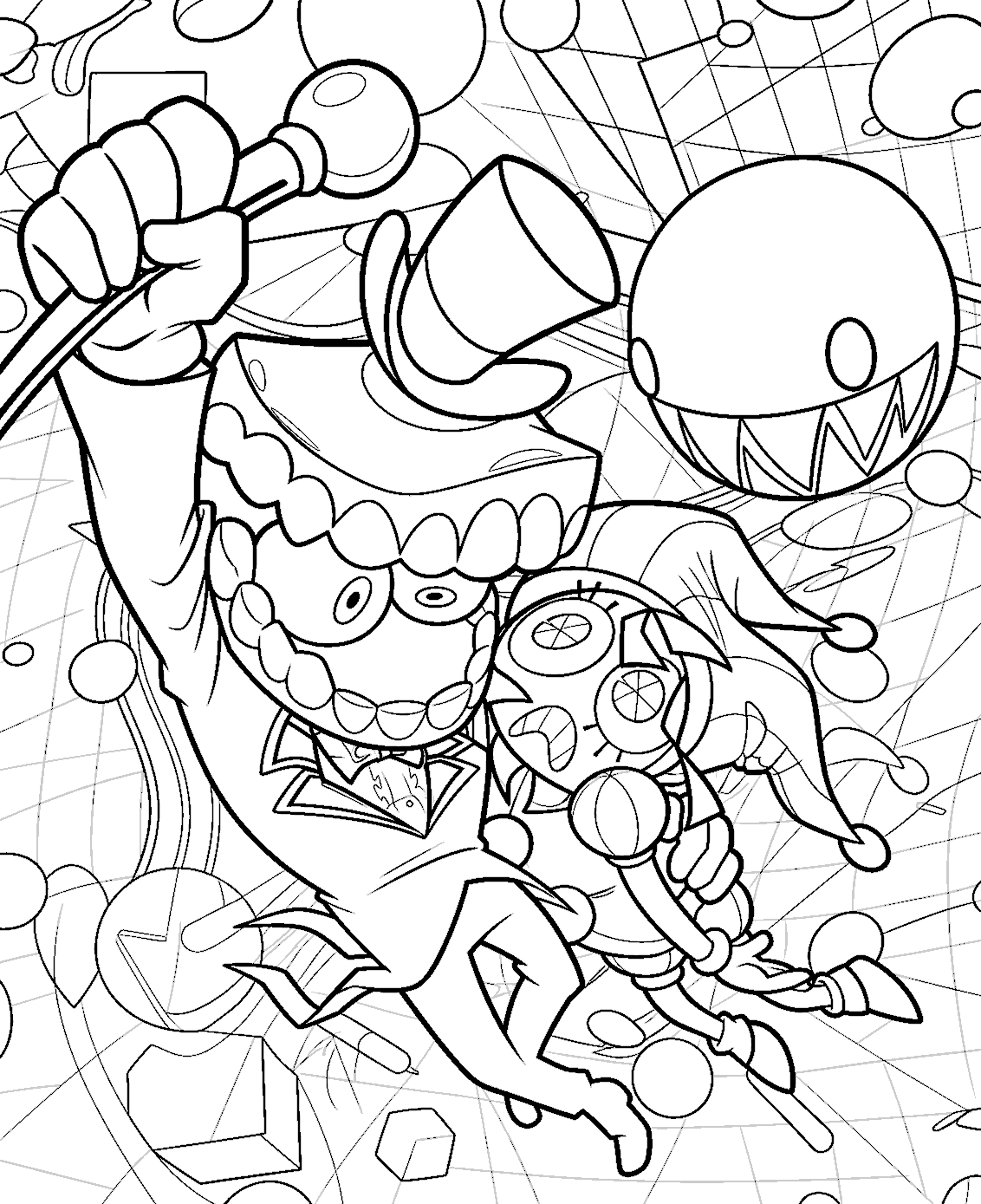caine flying with scared pomni void background tadc the amazing digital circus line art