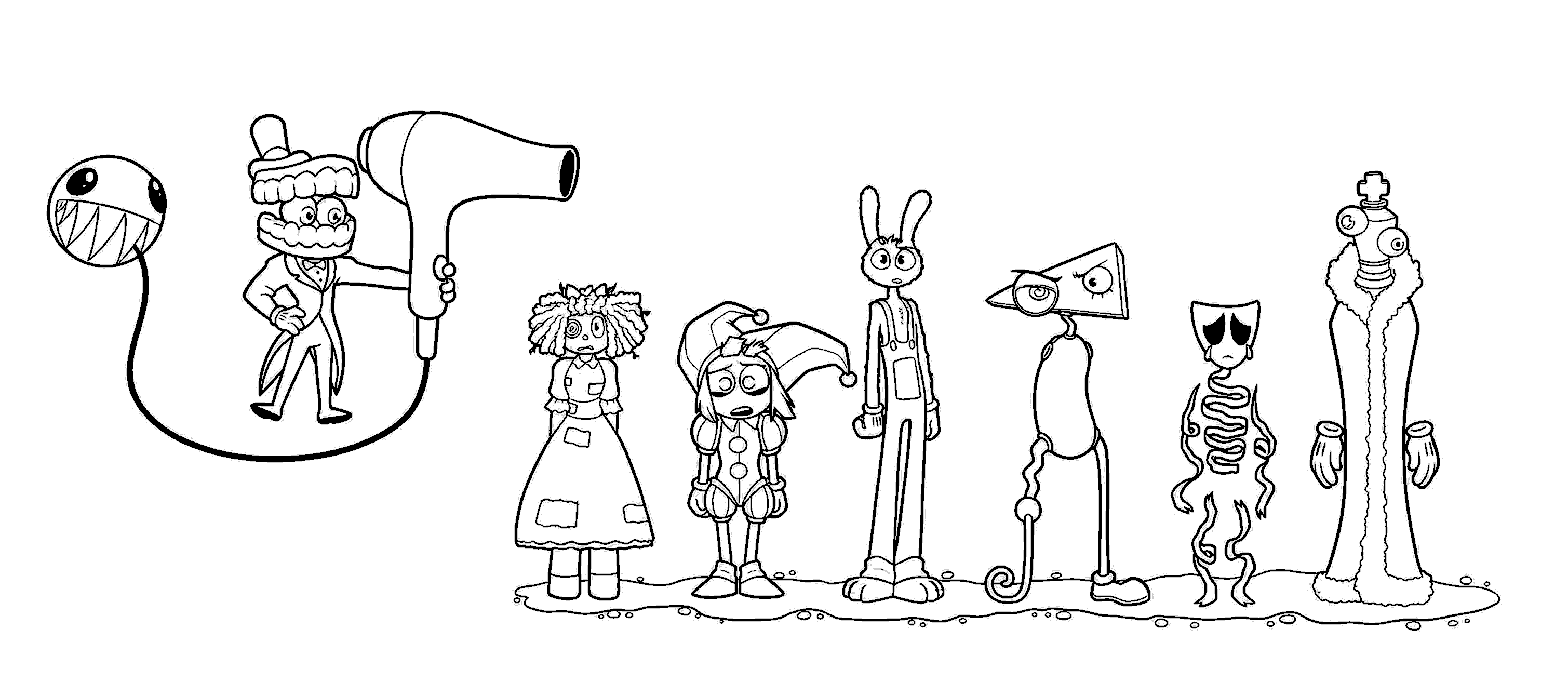 caine hair dryer and wet circus crew lineup tadc the amazing digital circus line art