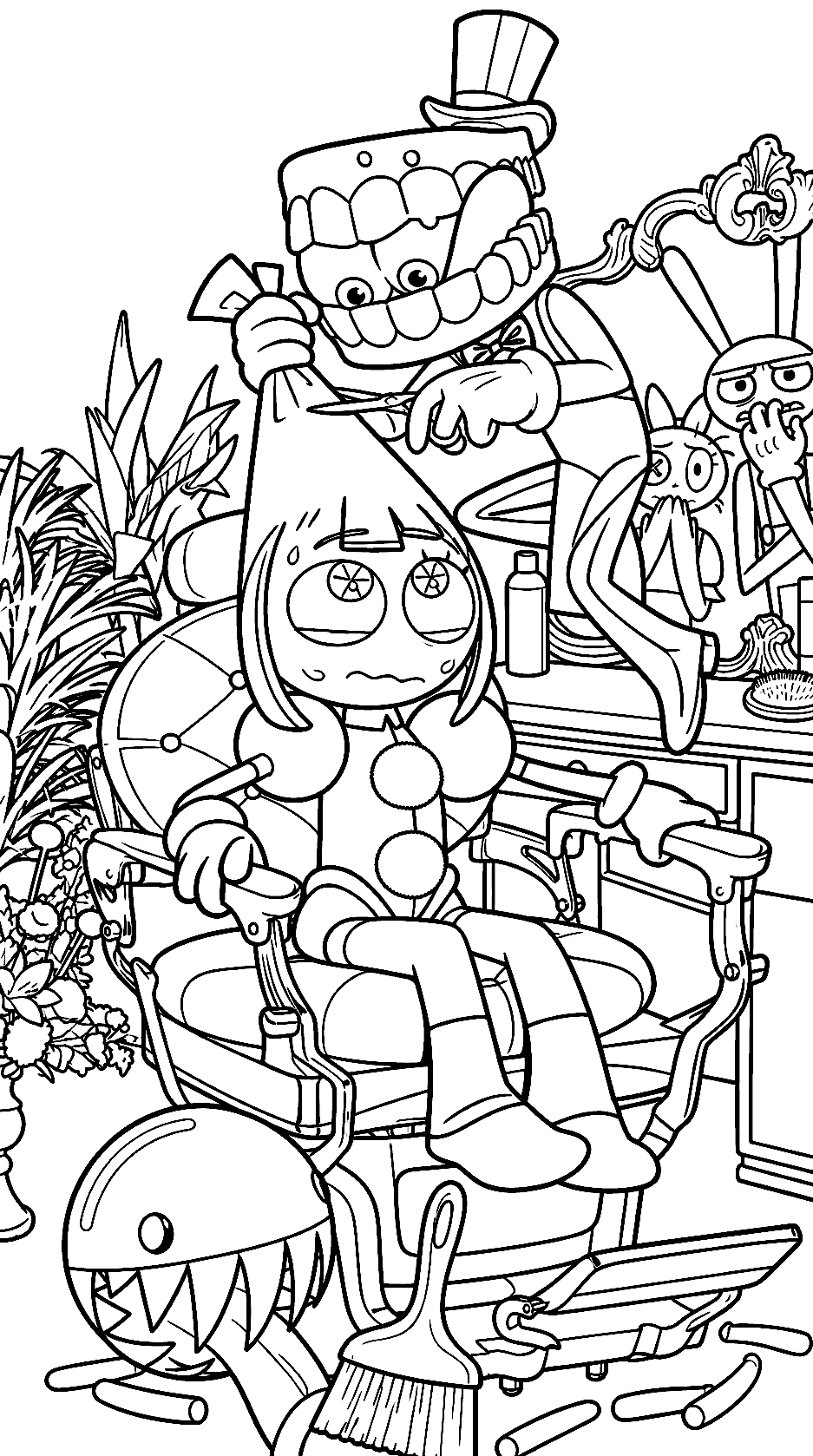 caine haircut pomni in barber chair tadc the amazing digital circus line art for kids and adults