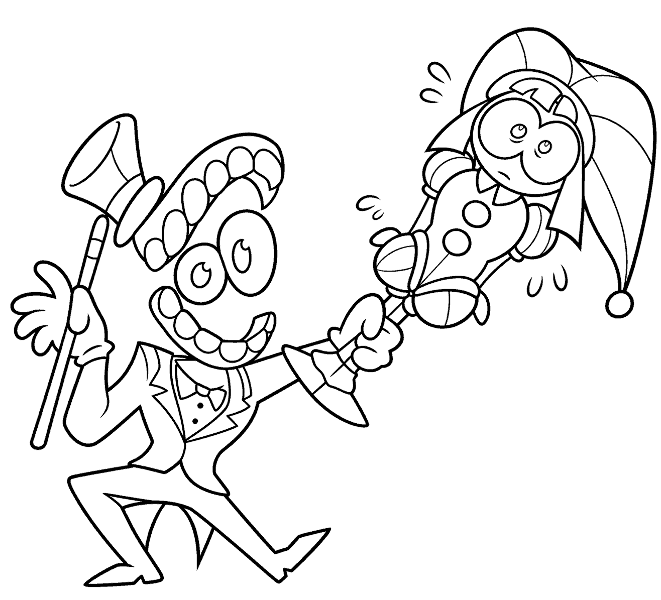 caine holding pomni on cane stick tadc the amazing digital circus line art
