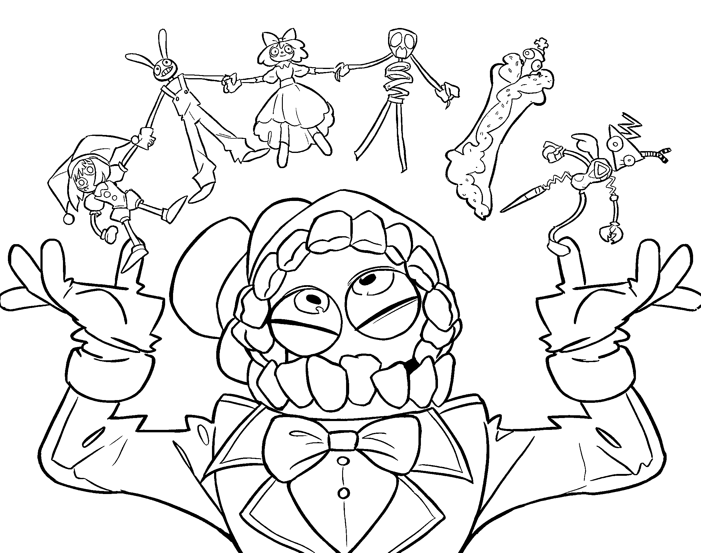 caine juggling tiny puppets circus crew tadc the amazing digital circus line art