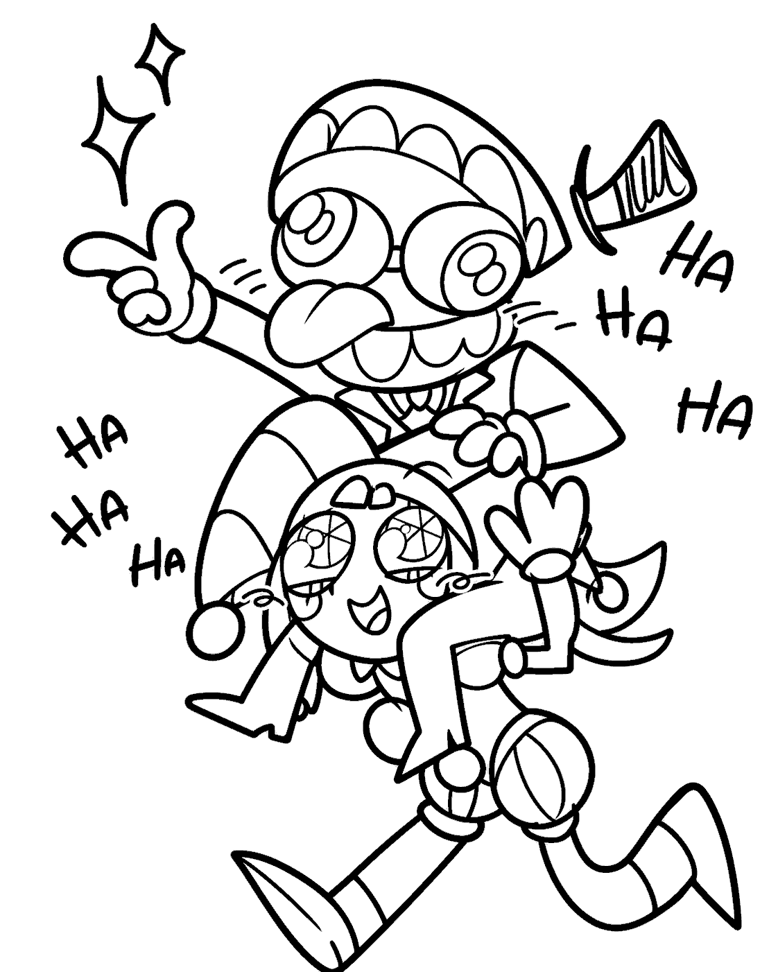 caine riding pomni shoulders laughing tadc the amazing digital circus line art