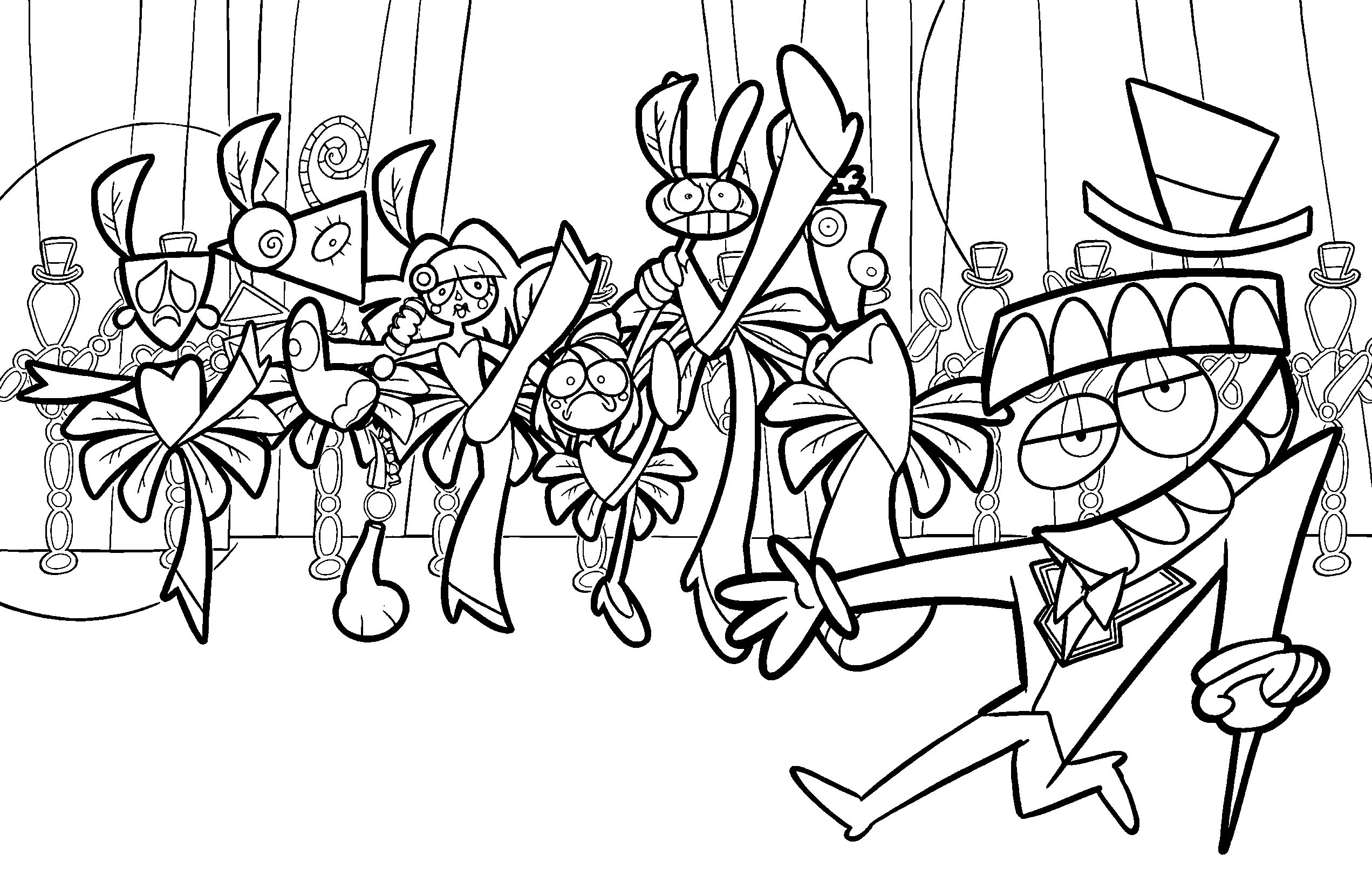 caine ringmaster and full cast cancan dance tadc the amazing digital circus line art