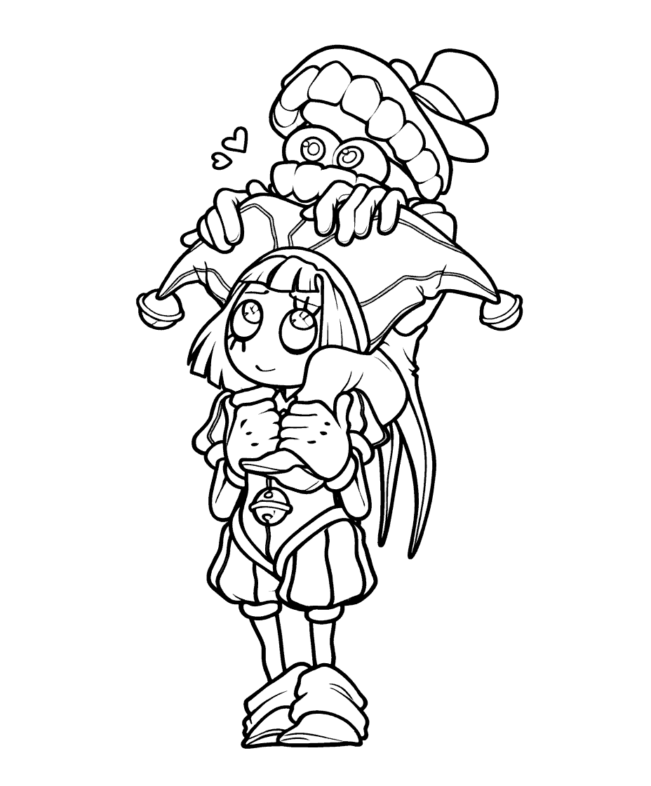 caine sitting on pomni shoulders the amazing digital circus line art