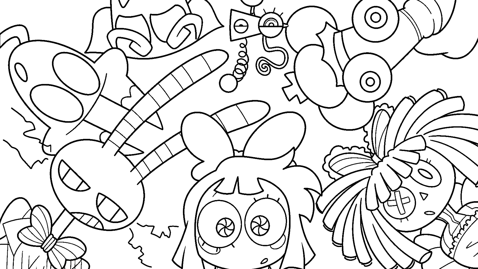 characters looking down wonderland rabbit hole tadc the amazing digital circus line art