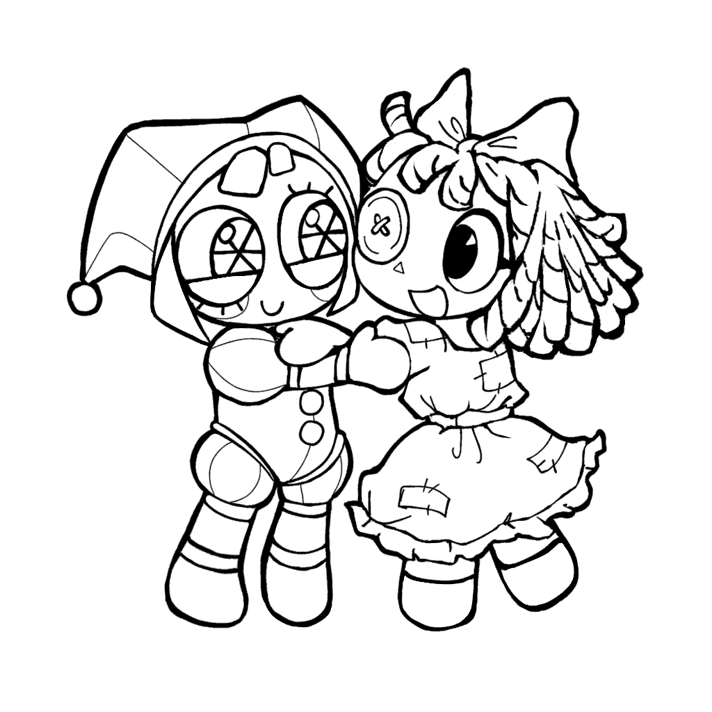 chibi pomni and ragatha holding hands the amazing digital circus line art