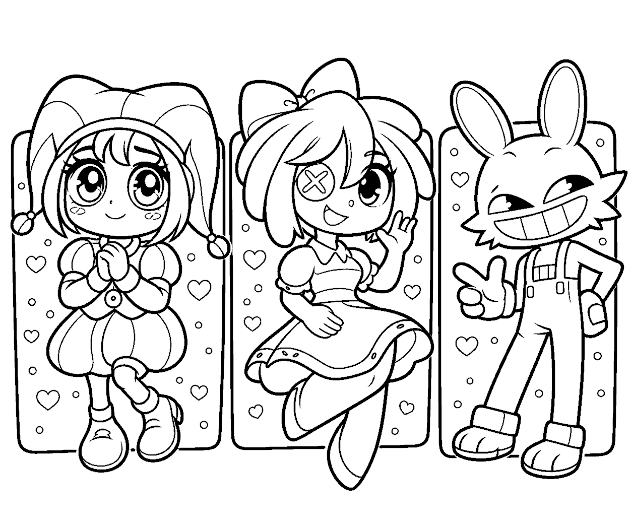 chibi pomni ragatha and jax hearts frame tadc the amazing digital circus line art
